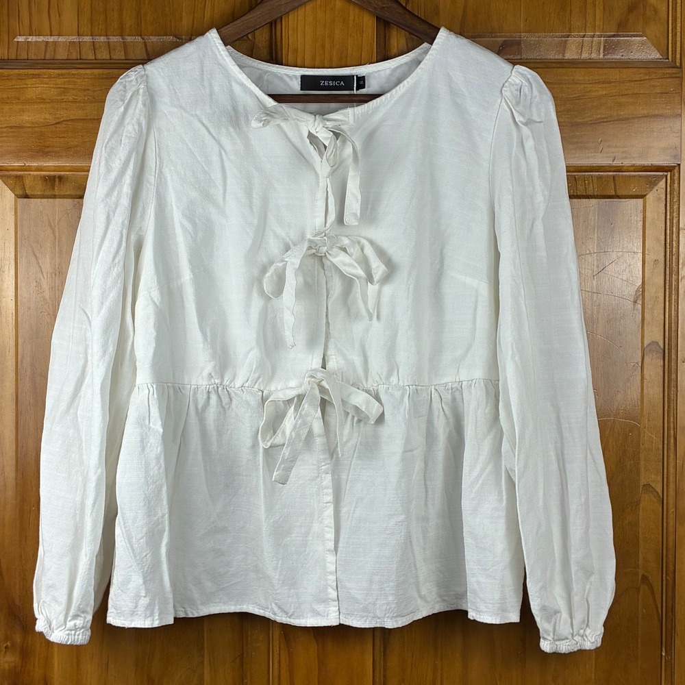 White Bow Tie Front Peplum Blouse Long Sleeve Puff Shoulder Top Small Cottageore